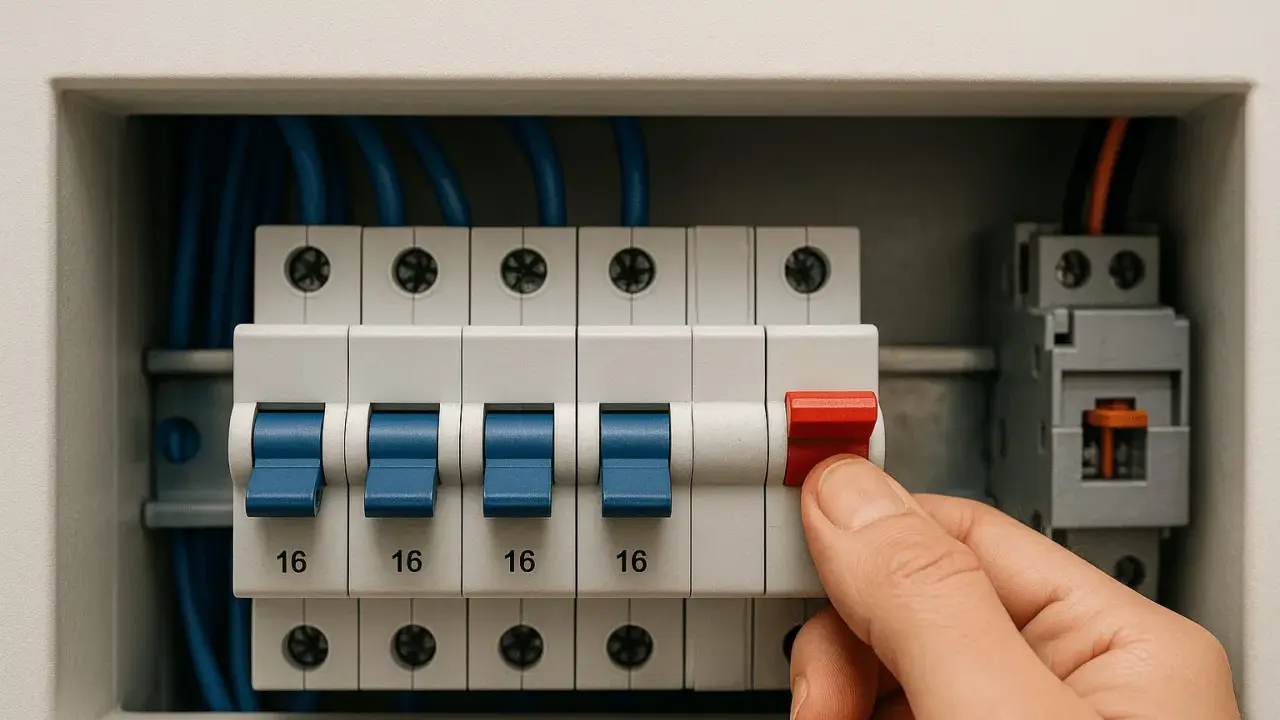 Dłoń wyłącza bezpiecznik w skrzynce elektrycznej. Kilka niebieskich dźwigni jest włączonych, jedna czerwona jest wyłączana.