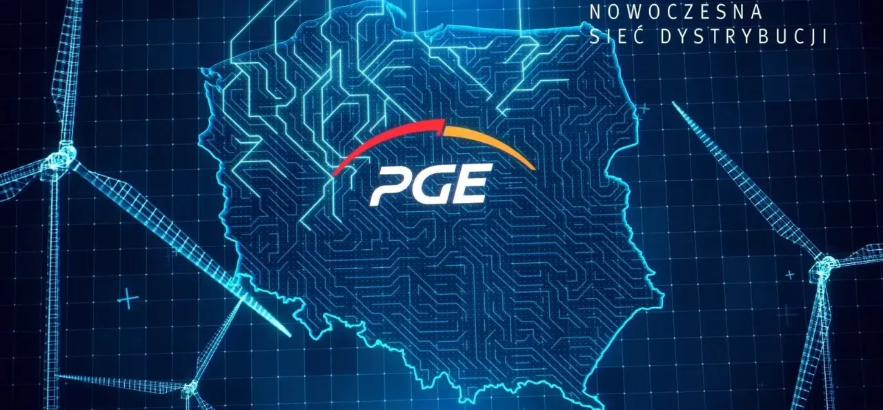 Mapa Polski z siecią energetyczną PGE. Wiatraki symbolizują odnawialne źródła energii.