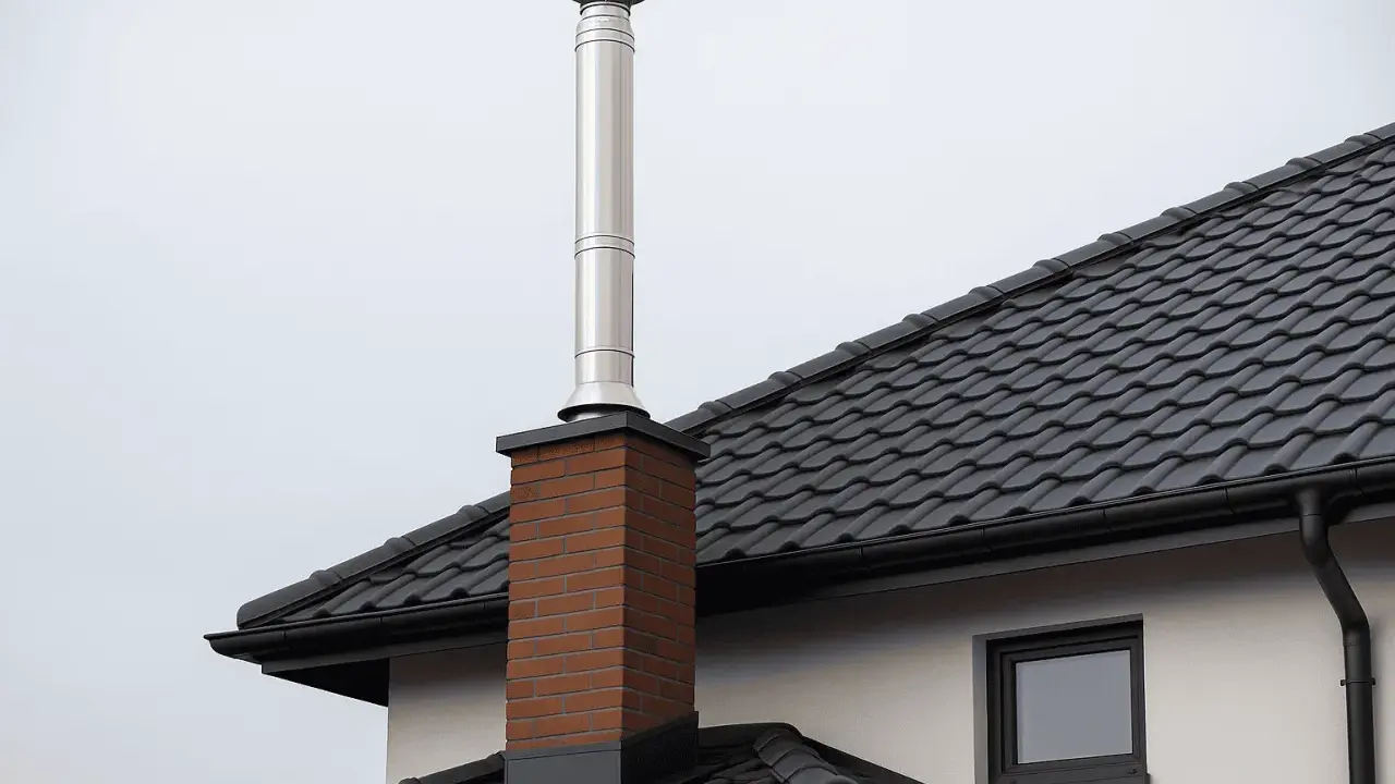 Nowy komin w starym domu, pozwolenie na budowę zostało wydane. Stalowa rura na ceglanej podstawie na tle szarego nieba.