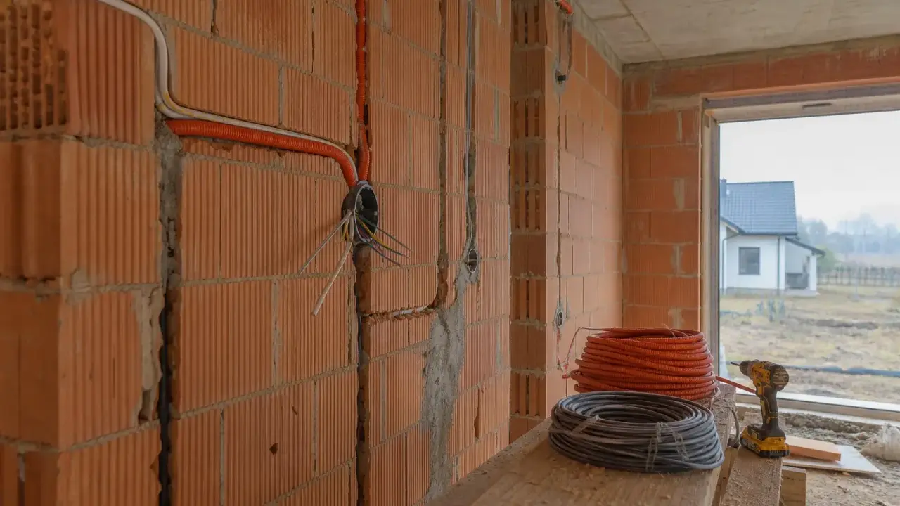 Instalacja elektryczna w trakcie budowy. Widać pomarańczowe peszle i kable prowadzone po ceglanej ścianie. Na pierwszym planie zwoje kabli i wkrętarka.