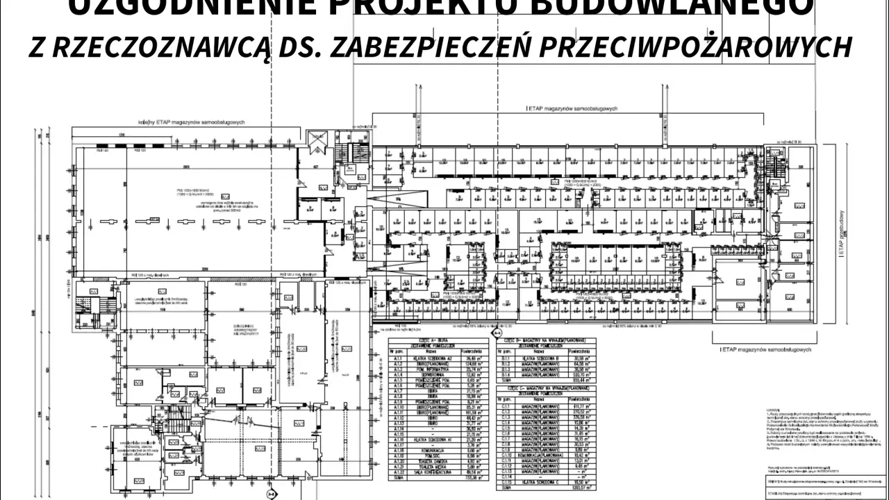 Uzgodnienie projektu budowlanego z rzeczoznawcą ppoż. - plan magazynów samoobsługowych i pomieszczeń biurowych.