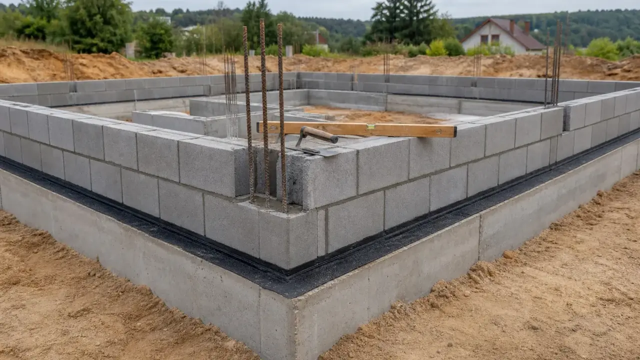 Fundament domu w trakcie budowy. Murowanie z bloczka betonowego, widoczne zbrojenie i poziomica.
