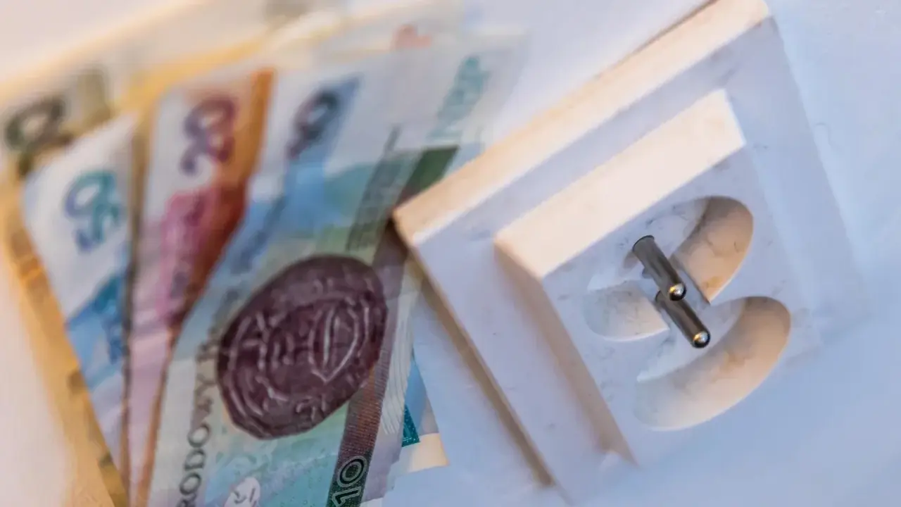 Polskie banknoty obok gniazdka elektrycznego, symbolizujące koszty energii. PGE okres rozliczeniowy G11.