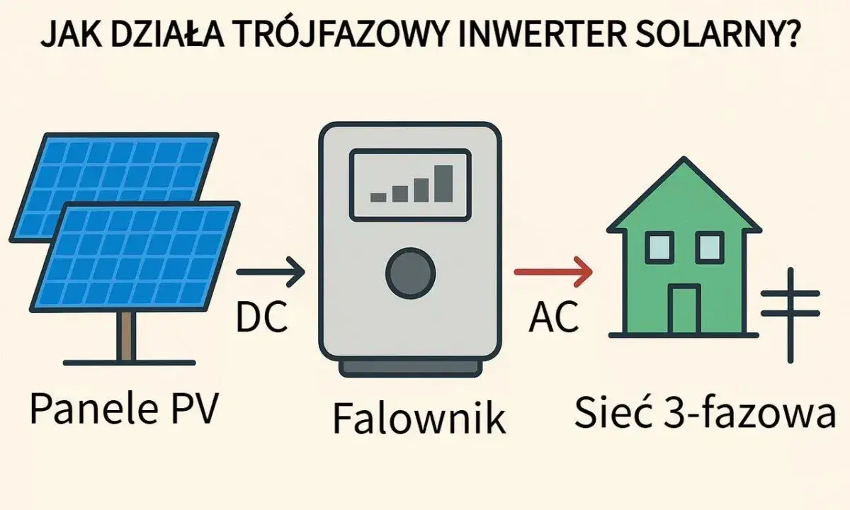 Schemat pokazuje, jak działa falownik trójfazowy: panele PV generują prąd stały (DC), który falownik zamienia na prąd zmienny (AC) dla sieci 3-fazowej.