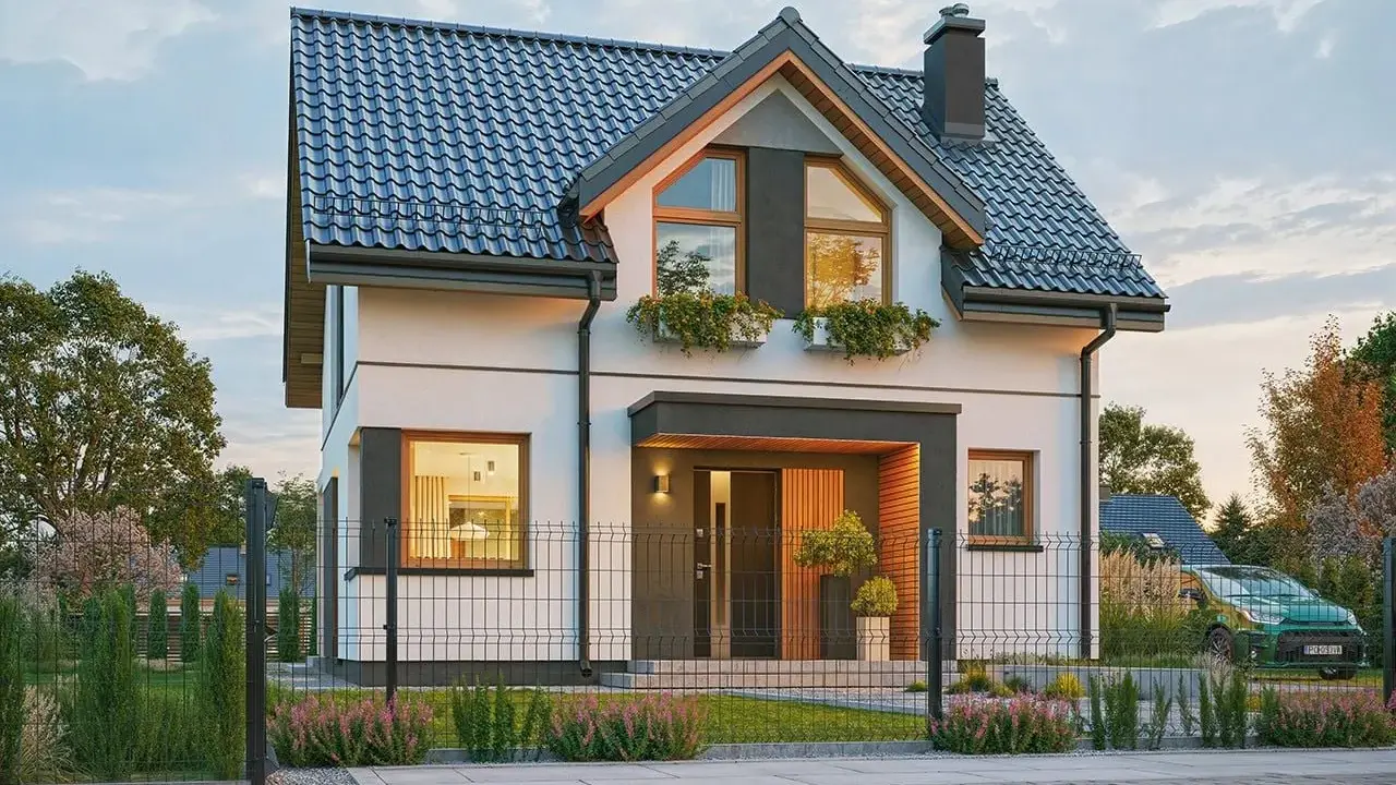 Nowoczesny dom 70m2 z poddaszem, idealny dla rodziny. Elegancka bryła, duże okna i zadbany ogród. Taki dom 70m2 z poddaszem bez pozwolenia to marzenie wielu.