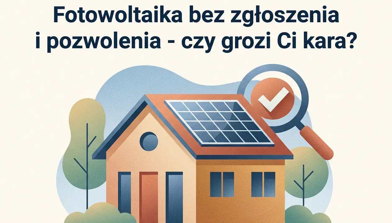 Dom z panelami fotowoltaicznymi na dachu, lupa z zaznaczeniem "OK". Czy instalacja fotowoltaiczna bez zgłoszenia jest legalna?