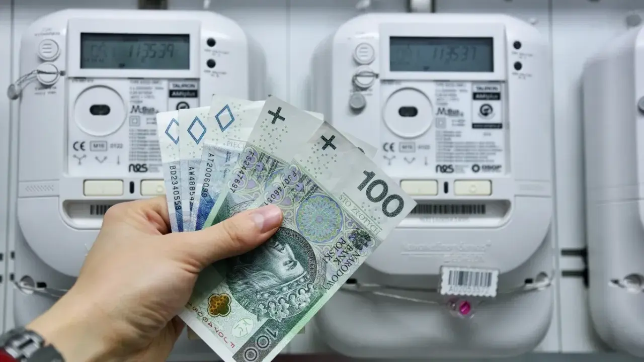 Dłoń trzyma polskie banknoty przed licznikiem energii elektrycznej. Brak licznika dwukierunkowego przy instalacji fotowoltaicznej może oznaczać brak rozliczenia nadwyżek.
