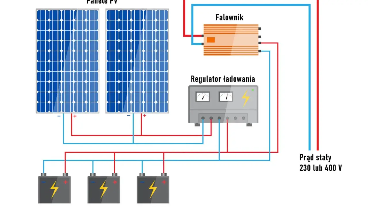 Schemat instalacji off-grid: panele PV, regulator ładowania, falownik i akumulatory tworzą system zasilania prądem stałym 230 lub 400 V.
