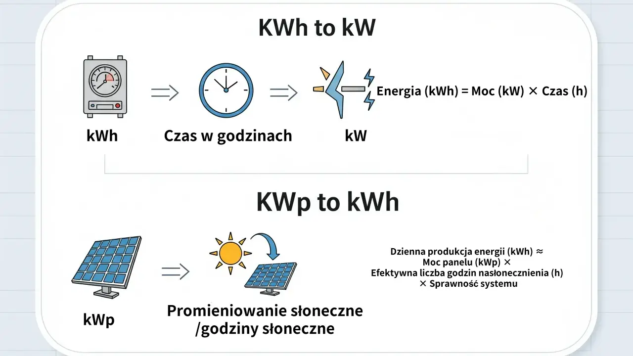 Wyjaśnienie, ile to kilowat (kW) i jak przeliczyć kWh na kW, z uwzględnieniem paneli słonecznych i nasłonecznienia.