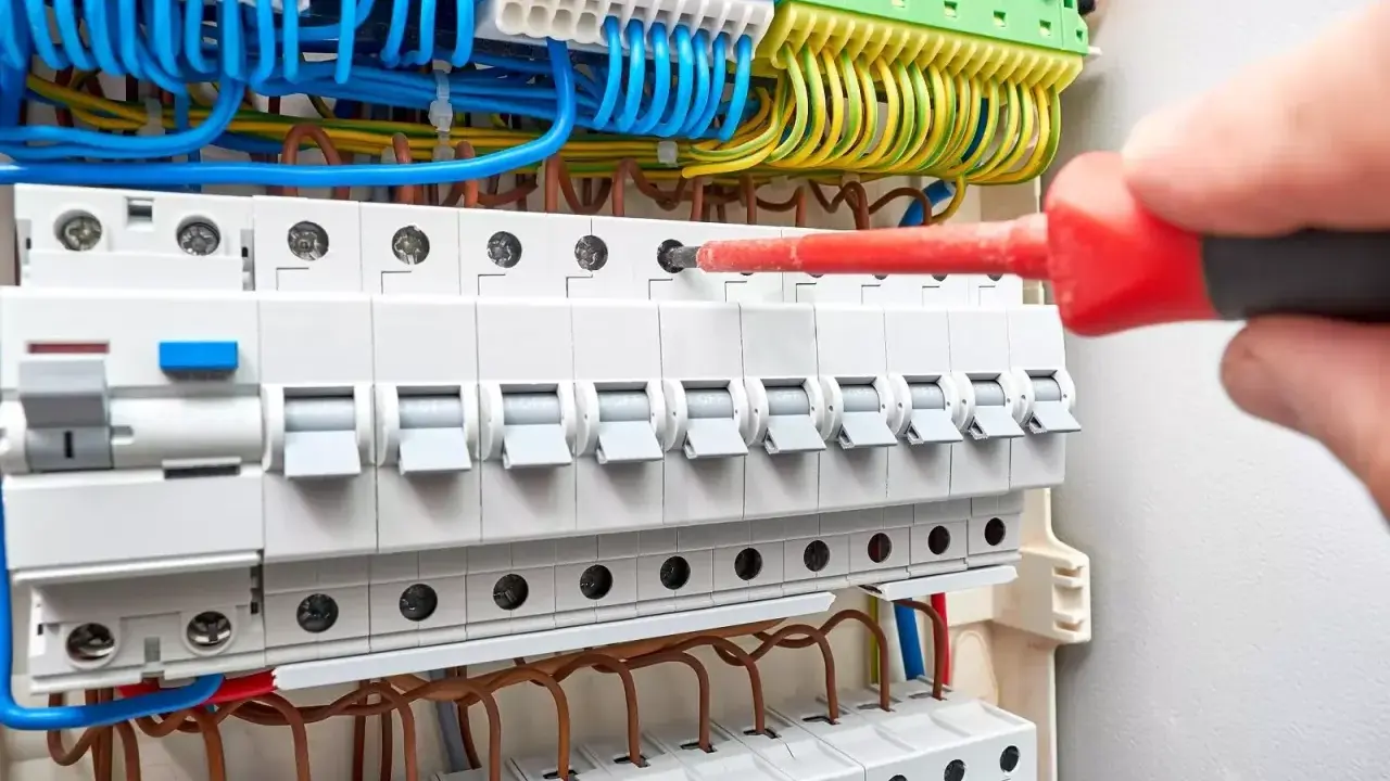 Ręka z czerwonym śrubokrętem dokręca śrubę w budowie rozdzielni elektrycznej. Widać bezpieczniki i kolorowe przewody.