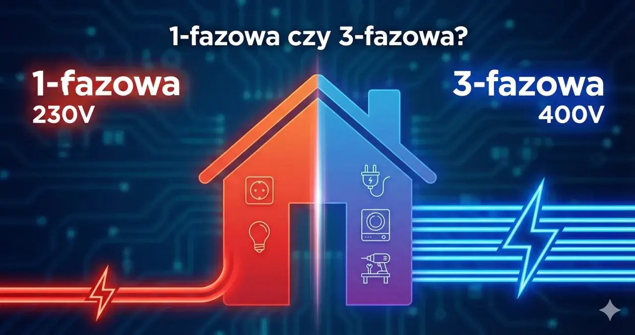 Dom podzielony na dwie części: czerwona z symbolem gniazdka i żarówki (1-fazowa 230V), niebieska z wtyczką, pralką i wiertarką (instalacja trójfazowa 400V).