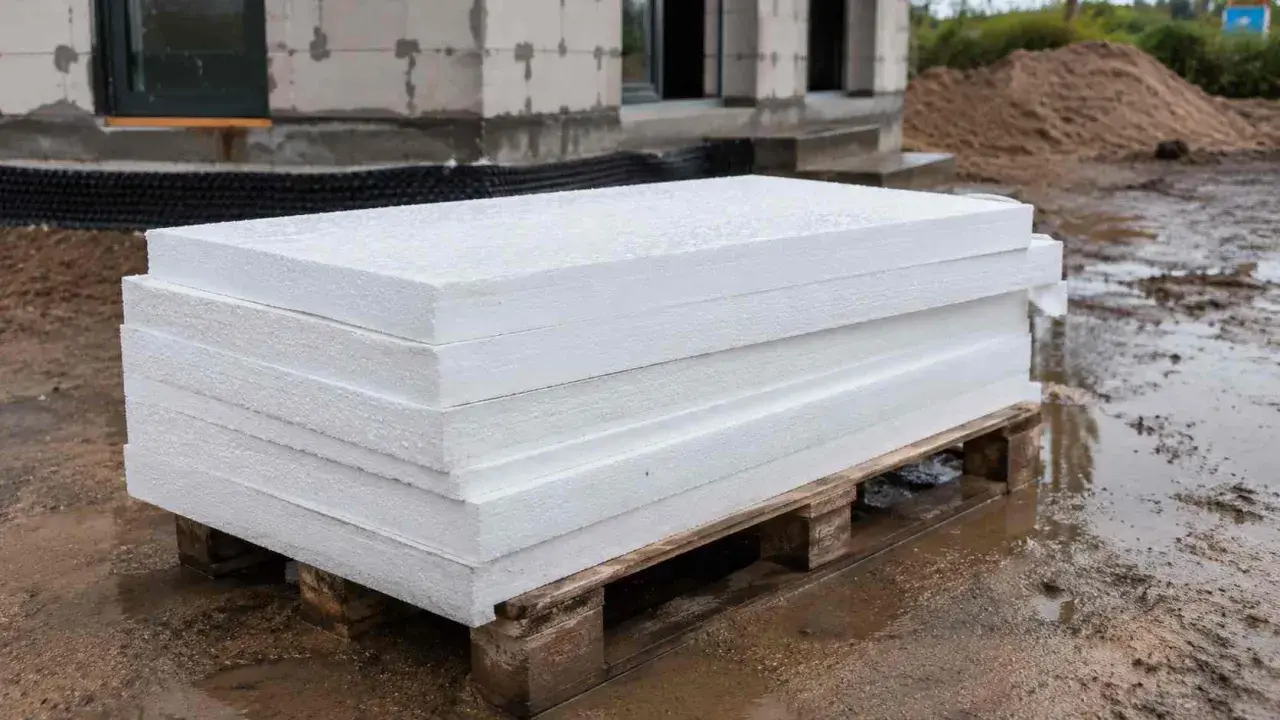 Stos białych płyt styropianowych na palecie, stojący na mokrej ziemi. Czy styropian może leżeć na deszczu? Materiał budowlany na placu budowy.