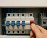 Dłoń wyłącza bezpiecznik w skrzynce elektrycznej. Kilka niebieskich dźwigni jest włączonych, jedna czerwona jest wyłączana.