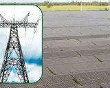 Potężna wieża energetyczna i ogromne pole paneli fotowoltaicznych symbolizują moc fotowoltaiki w Polsce, czerpiąc energię ze słońca.