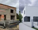 Przed i po: ruina istniejący budynek na granicy działki przekształcony w nowoczesną willę.