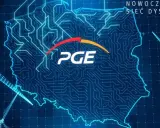 Mapa Polski z siecią energetyczną PGE. Wiatraki symbolizują odnawialne źródła energii.