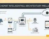Schemat inteligentnego systemu zarządzania energią Miellec: panele fotowoltaiczne, magazyn energii, falownik, sieć energetyczna, urządzenia elektryczne, chmura i aplikacja mobilna.