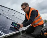 Technik sprawdza kąt padania promieni słonecznych na panel fotowoltaiczny za pomocą aplikacji na telefonie.