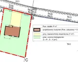 Plan działki z zaznaczonym budynkiem. Tabela wyjaśnia pojęcia: pow. zabudowy, pow. utwardzone, pow. biologicznie czynna, co pomaga zrozumieć **intensywność zabudowy definicja**.