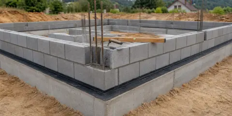 Fundament domu w trakcie budowy. Murowanie z bloczka betonowego, widoczne zbrojenie i poziomica.