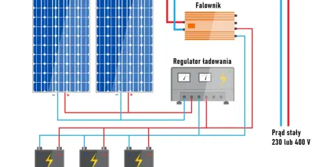 Schemat instalacji off-grid: panele PV, regulator ładowania, falownik i akumulatory tworzą system zasilania prądem stałym 230 lub 400 V.