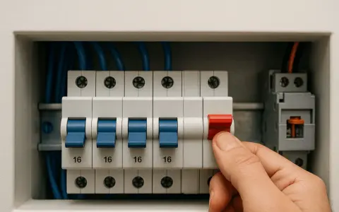 Dłoń wyłącza bezpiecznik w skrzynce elektrycznej. Kilka niebieskich dźwigni jest włączonych, jedna czerwona jest wyłączana.