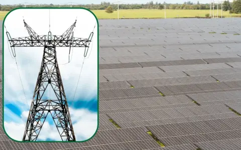 Potężna wieża energetyczna i ogromne pole paneli fotowoltaicznych symbolizują moc fotowoltaiki w Polsce, czerpiąc energię ze słońca.