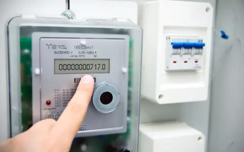Palec wskazuje stan licznika energii elektrycznej: 00000000717.0 kWh. Obok widoczny wyłącznik.