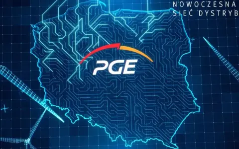 Mapa Polski z siecią energetyczną PGE. Wiatraki symbolizują odnawialne źródła energii.