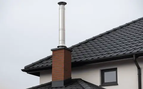 Nowy komin w starym domu, pozwolenie na budowę zostało wydane. Stalowa rura na ceglanej podstawie na tle szarego nieba.