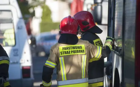 Strażacy w hełmach i mundurach Państwowej Straży Pożarnej przygotowują się do odbioru budynku.