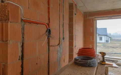 Instalacja elektryczna w trakcie budowy. Widać pomarańczowe peszle i kable prowadzone po ceglanej ścianie. Na pierwszym planie zwoje kabli i wkrętarka.