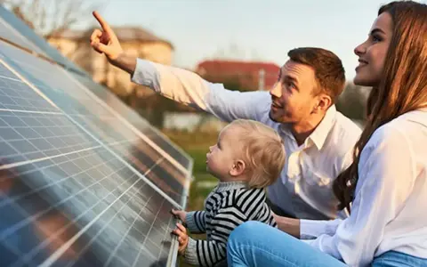 Rodzina przy panelach fotowoltaicznych. Tata pokazuje synkowi, jak zrobić panel fotowoltaiczny, wyjaśniając działanie energii słonecznej.
