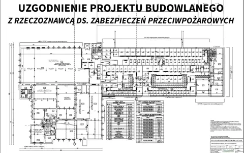 Uzgodnienie projektu budowlanego z rzeczoznawcą ppoż. - plan magazynów samoobsługowych i pomieszczeń biurowych.