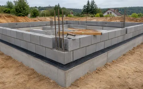 Fundament domu w trakcie budowy. Murowanie z bloczka betonowego, widoczne zbrojenie i poziomica.