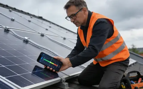 Technik sprawdza kąt padania promieni słonecznych na panel fotowoltaiczny za pomocą aplikacji na telefonie.