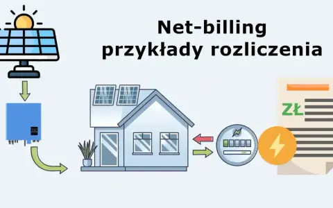 Schemat ilustruje net-billing: panele słoneczne, falownik, dom, licznik energii i rachunek.
