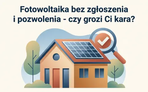 Dom z panelami fotowoltaicznymi na dachu, lupa z zaznaczeniem "OK". Czy instalacja fotowoltaiczna bez zgłoszenia jest legalna?