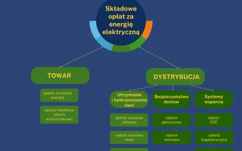 Schemat składający się z opłat za energię elektryczną, podzielony na TOWAR i DYSTRYBUCJĘ. W dystrybucji znajduje się m.in. opłata mocowa.