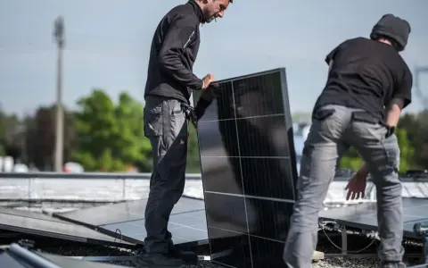 Pracownicy montują panele fotowoltaiczne, przygotowując potwierdzenie przyłączenia mikroinstalacji do sieci.
