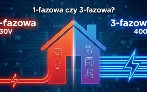 Dom podzielony na dwie części: czerwona z symbolem gniazdka i żarówki (1-fazowa 230V), niebieska z wtyczką, pralką i wiertarką (instalacja trójfazowa 400V).