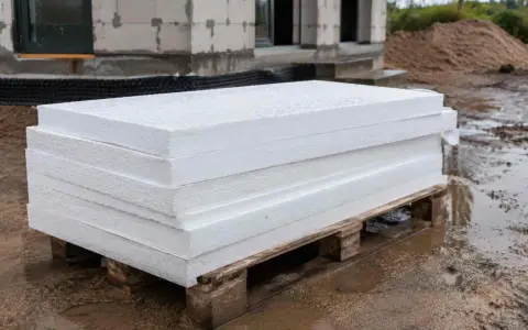 Stos białych płyt styropianowych na palecie, stojący na mokrej ziemi. Czy styropian może leżeć na deszczu? Materiał budowlany na placu budowy.