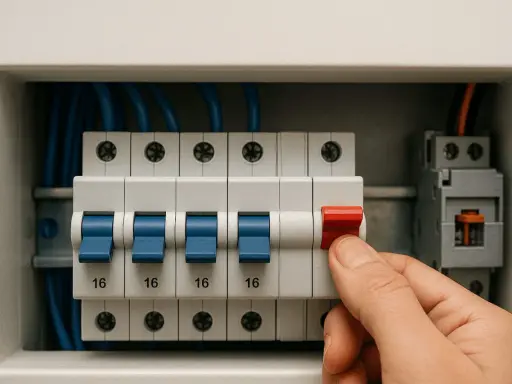 Dłoń wyłącza bezpiecznik w skrzynce elektrycznej. Kilka niebieskich dźwigni jest włączonych, jedna czerwona jest wyłączana.