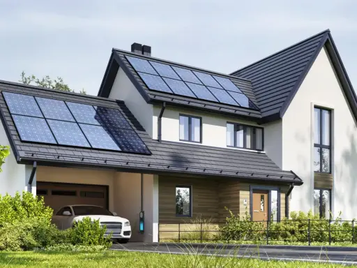 Nowoczesny dom z panelami fotowoltaicznymi na dachu. Obok stoi biały samochód z ładowarką. To właśnie oze co to – energia odnawialna w praktyce.