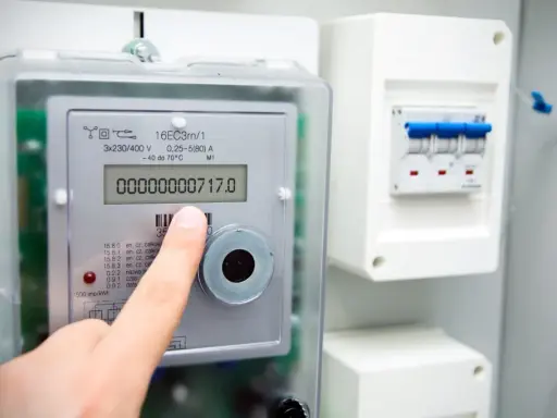 Palec wskazuje stan licznika energii elektrycznej: 00000000717.0 kWh. Obok widoczny wyłącznik.