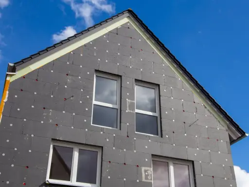 Izolacja domu z grafitowego styropianu, z widocznymi oknami i dachem. Czy styropian się pali? To pytanie nurtuje wielu, ale nowoczesne materiały są bezpieczne.