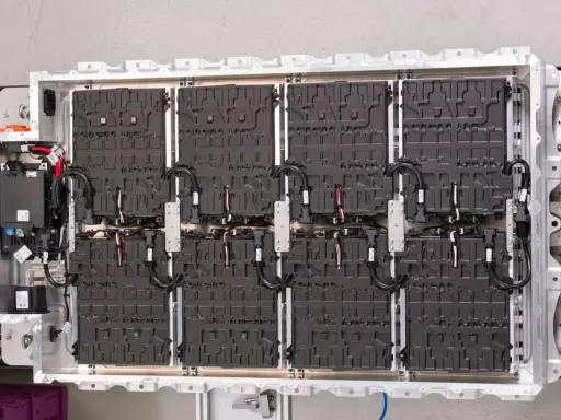 Wielki magazyn energii z akumulatorów samochodowych, gotowy do zasilenia elektrycznego pojazdu.