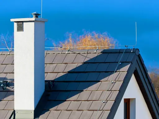 Dach z szarej dachówki, biały komin i instalacja odgromowa. Czy instalacja odgromowa jest obowiązkowa? To pytanie zadaje sobie wielu właścicieli domów.