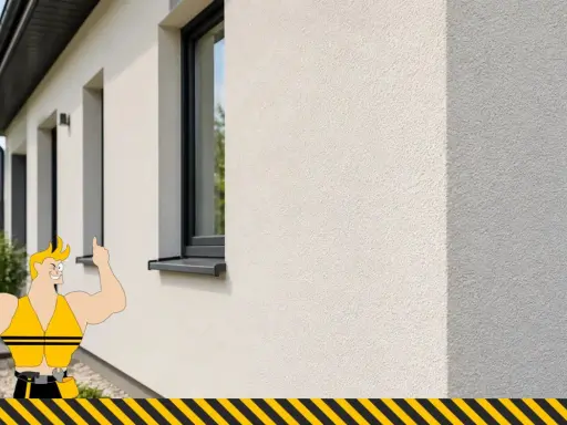 Silikonowy tynk na nowym domu schnie szybko, a muskularny pracownik pokazuje, że to świetny wybór.
