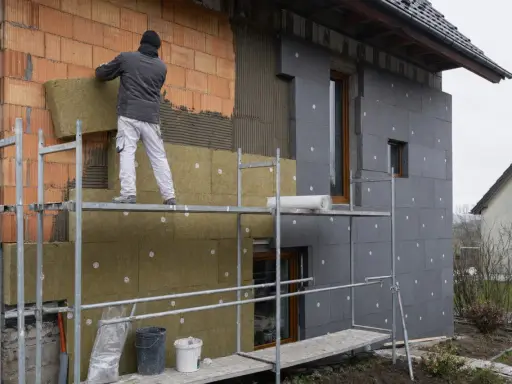 Budowlaniec montuje izolację na ścianie domu. Warstwa po warstwie, styropian na styropian, tworząc ciepłą powłokę.